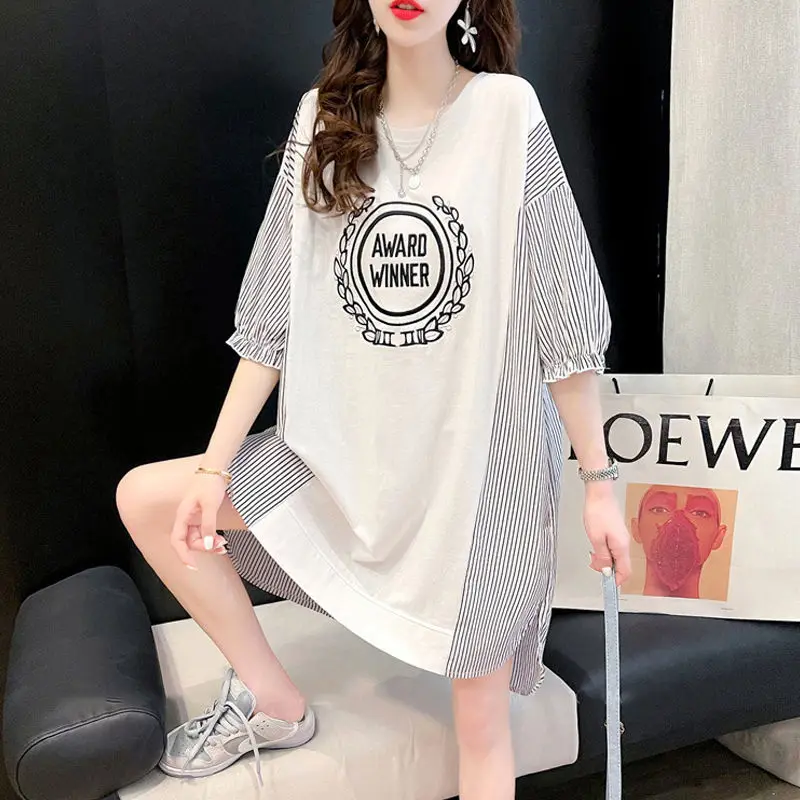 Summer Oversized Patchwork T-Shirts Women Clothing Korean Printing O-neck Short Sleeve Mid Length Top New Casual Tshirt Dress