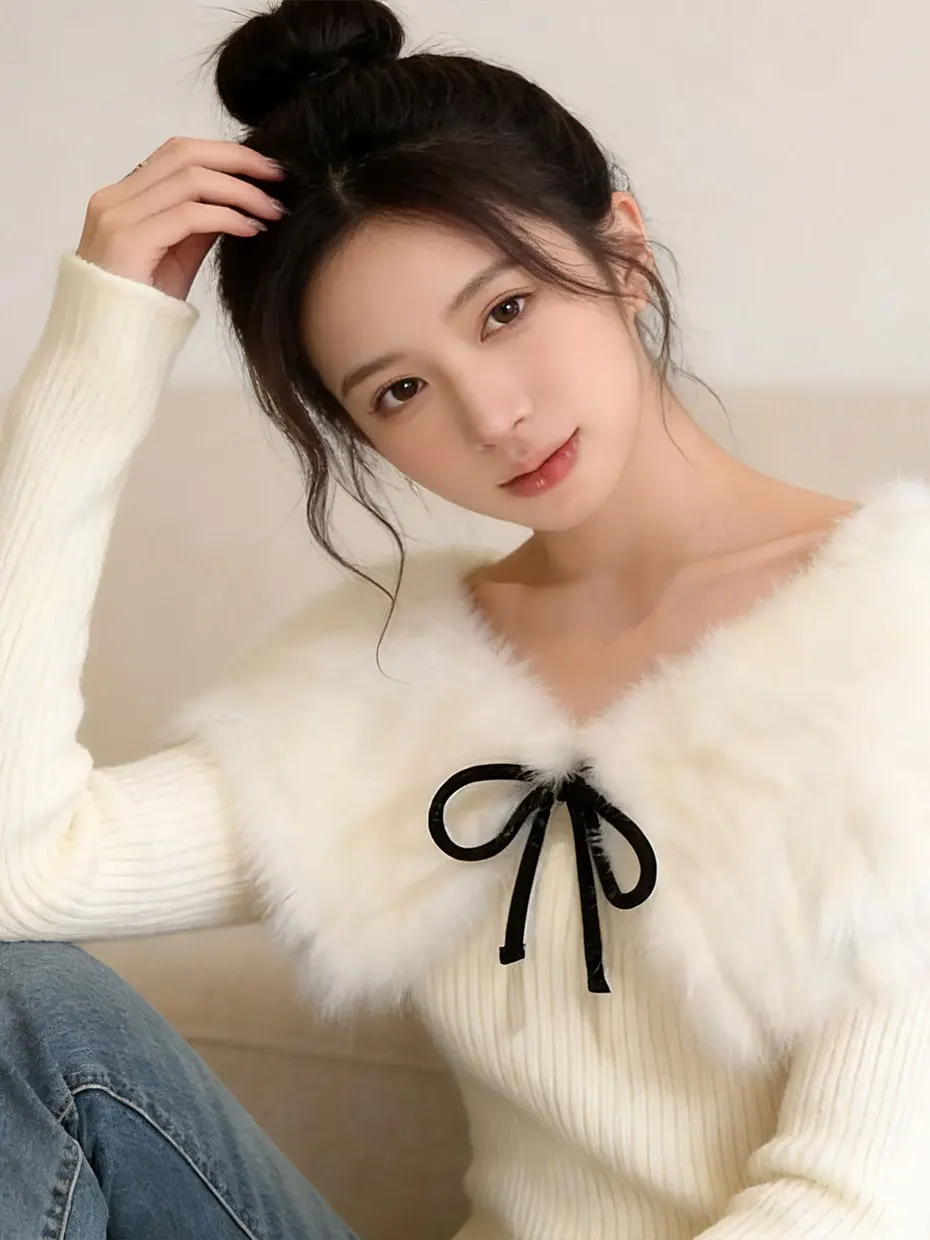 

Unique Beautiful White Knitted Shirt Stand Collar Inner Wear Anti-Aging Attractive Winter Fashion Korean Style Polyester Fiber