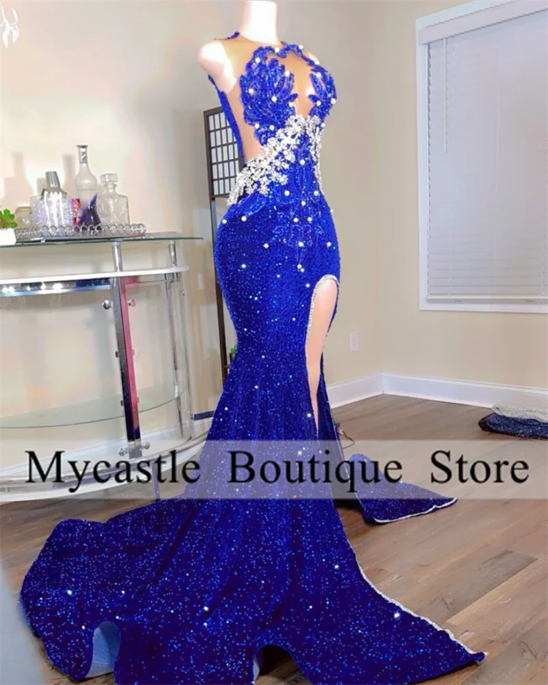 Royal Blue Sequins Rhinestones Prom Dress For Black Girl 2026 Customized Beaded Crystal High Slit Evening Dresses Party Gown