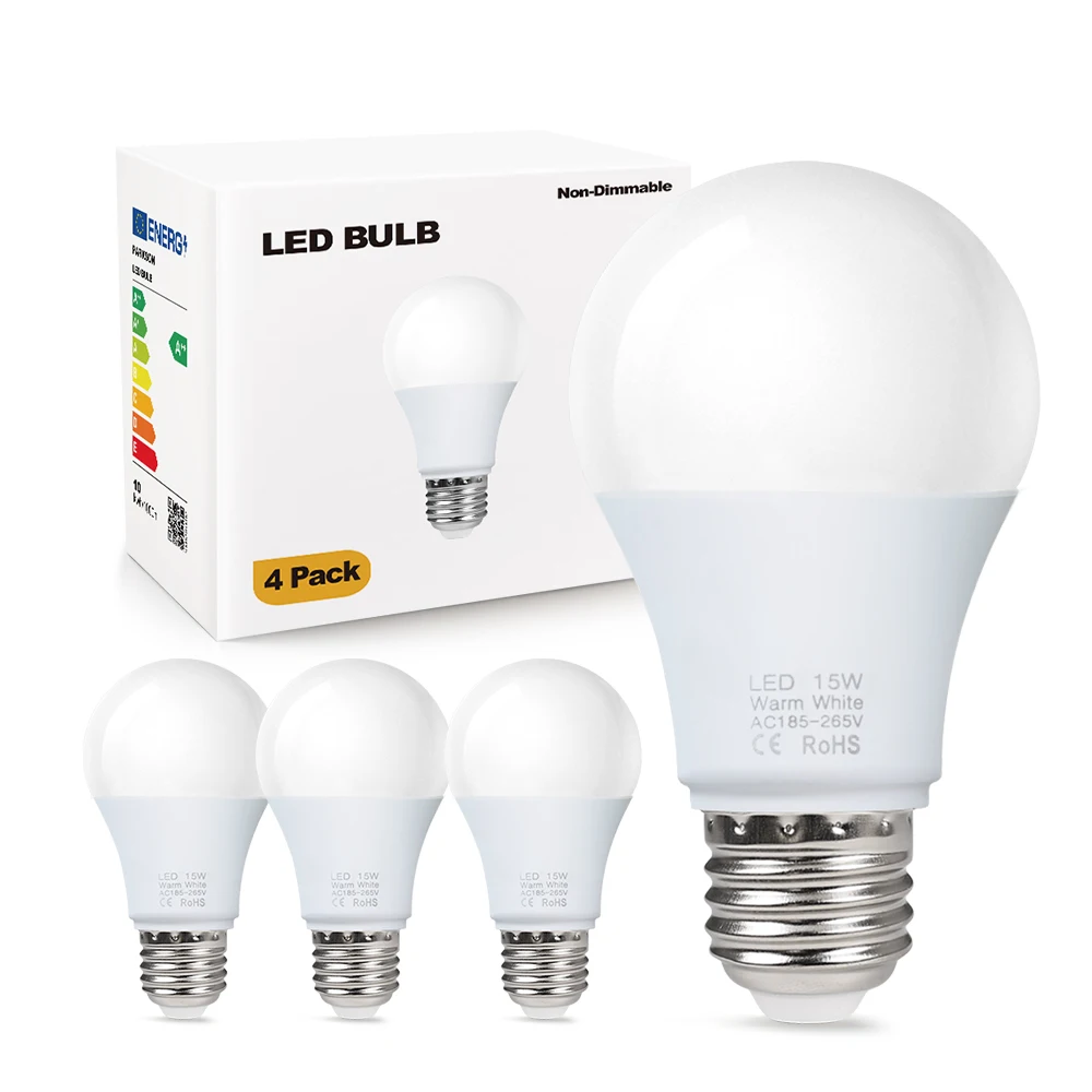 หลอดไฟ LED 4 ชิ้น/ชุด ขั้ว E27 ใช้ไฟ AC 220V ชิป SMD2835 กำลังไฟ 3W 6W 9W 12W 15W 18W สำหรับใช้ในบ้าน ห้องภายในอาคาร แสงสีขาวโทนเย็น/โทนอุ่น