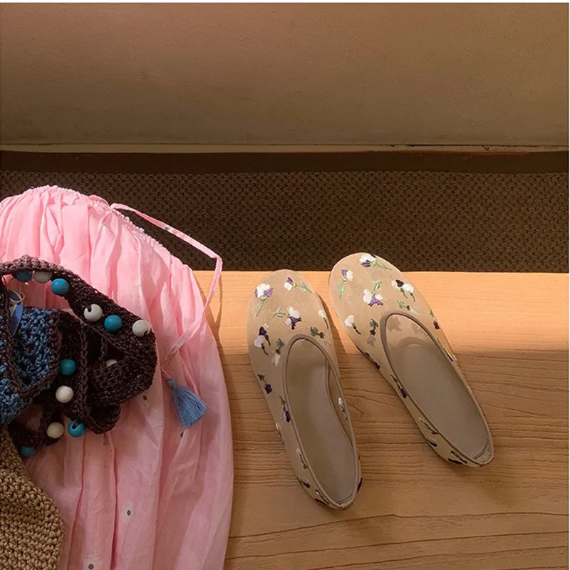 Fashion Mesh Embroidery Flowers Women Ballet Flats Summer Soft soles Dance Walking Loafers Casual Espadrilles Girls Lazy Shoes