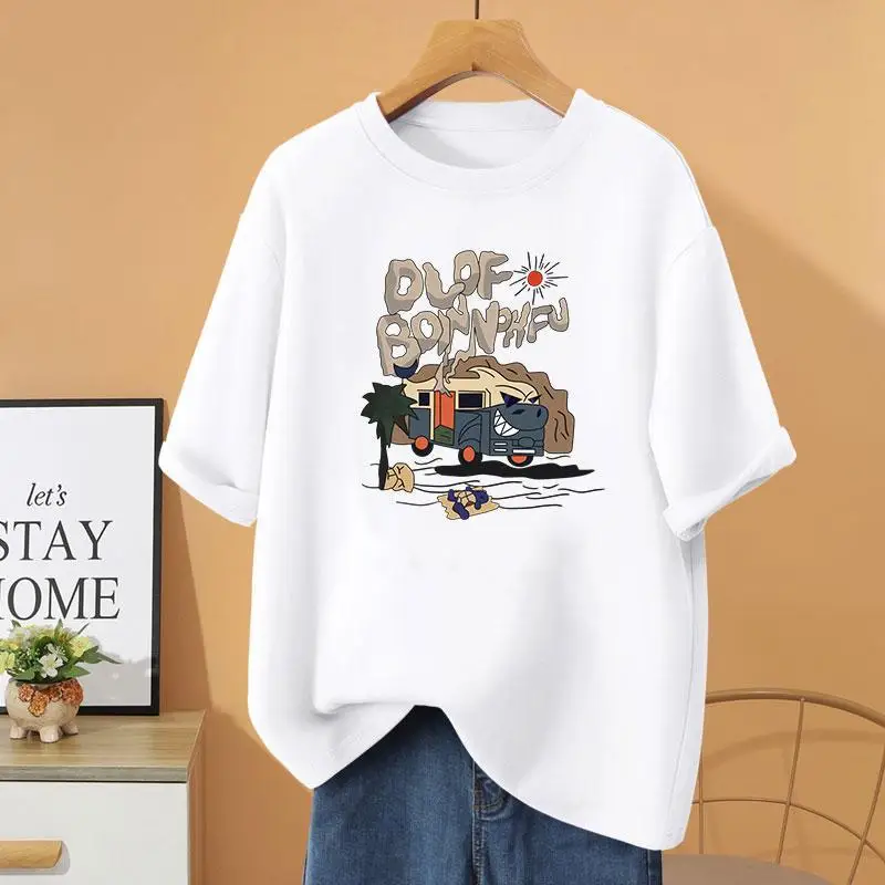 

Womens Clothing Vintage O-Neck T-Shirt, Cartoon Letter Printing Basic Pullovers, Summer Cotton Loose Casual Short Sleeve Top Tee