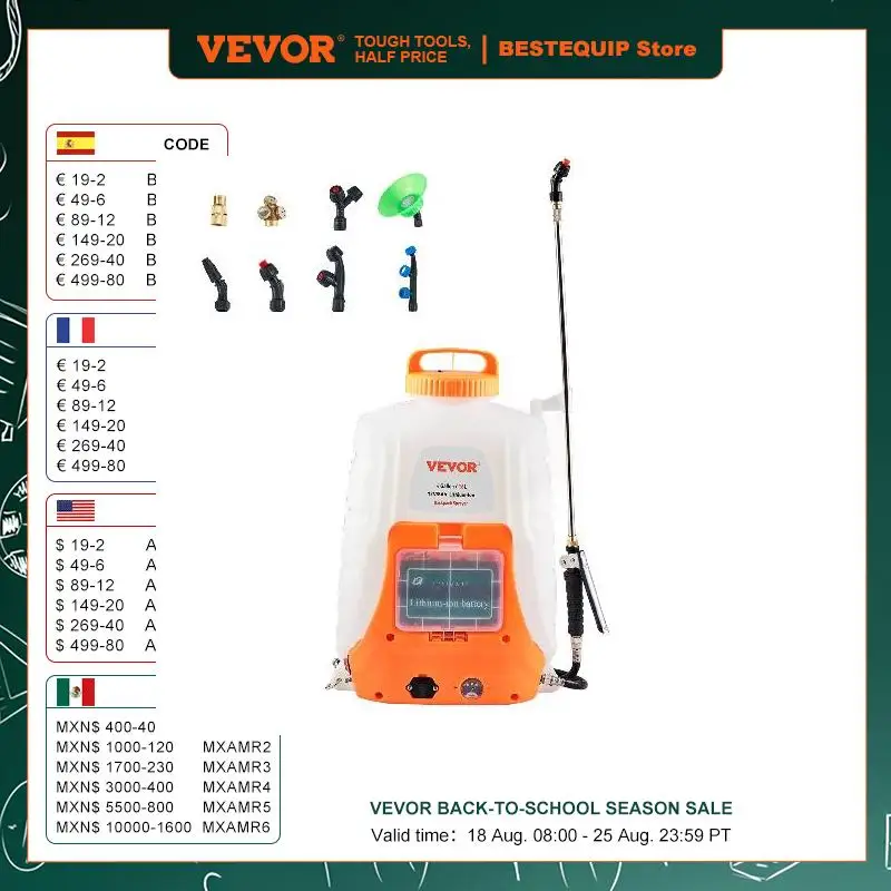 VEVOR Battery Powered Backpack Sprayer 0-90 PSI Adjustable Pressure 4 Gallon Tank  Back Pack Sprayer with 8 Nozzles and 2 Wands