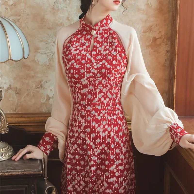 Women Red Floral Dress Stand Up Collar Long Sleeved Modern Cheongsam Traditional Chinese Women Clothing Women Slim Qipao Dress