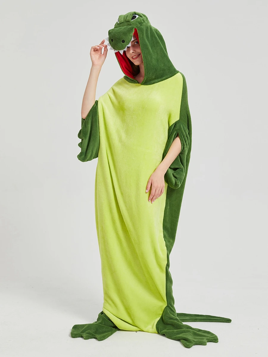 Adult Plush Romper Pajamas Cute Crocodile Sleepwear Long Sleeve Hood Jumpsuit for Women