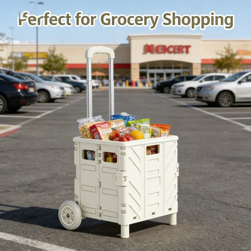 

Cream White Portable Hand Cart 2-Wheel Medium 50L Collapsible Flat-Pull for Grocery Package Retrieval Light Transport with Lid