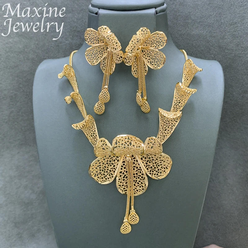 

Arabic Hollow Retro 18K Gold Plated Jewelry Set for Women Chunky Hoop Earrings Necklace Dubai African Bridal Wedding Party Gifts