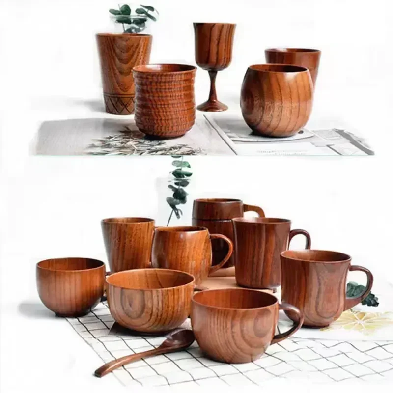 

Handmade Natural Wooden Big Belly Cups Japan Style Milk Water Cup with Handle Coffee Beer Tea Mug Kitchen Bar Drinkware Mugs