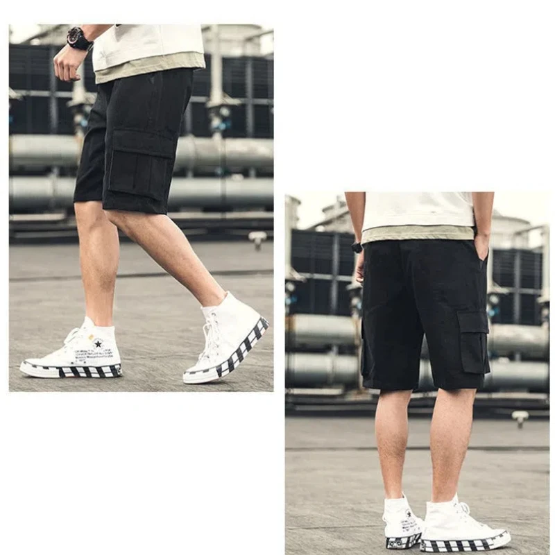 Japanese Retro Summer 2024 Boyfriend New Patchwork Elasticized High-waisted Pocket Fashion Solid Color Minimalist Casual Shorts