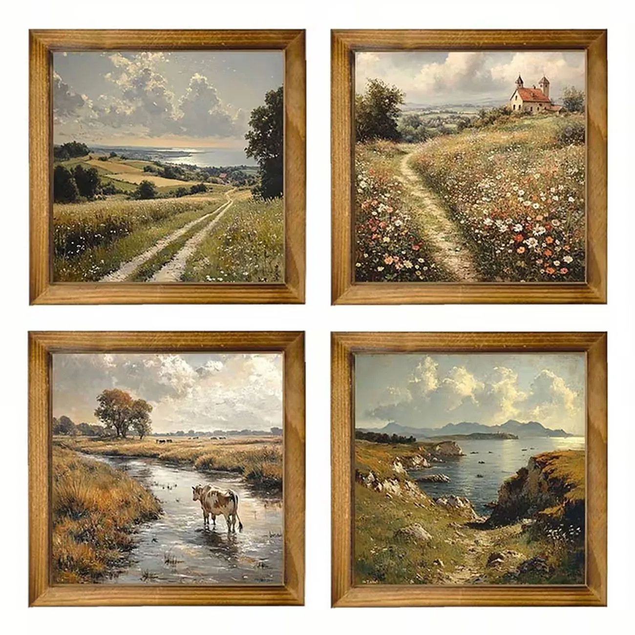 4 pieces of rural landscape wooden wall decoration 2D flat hanging decoration with nano double-sided tape without drilling