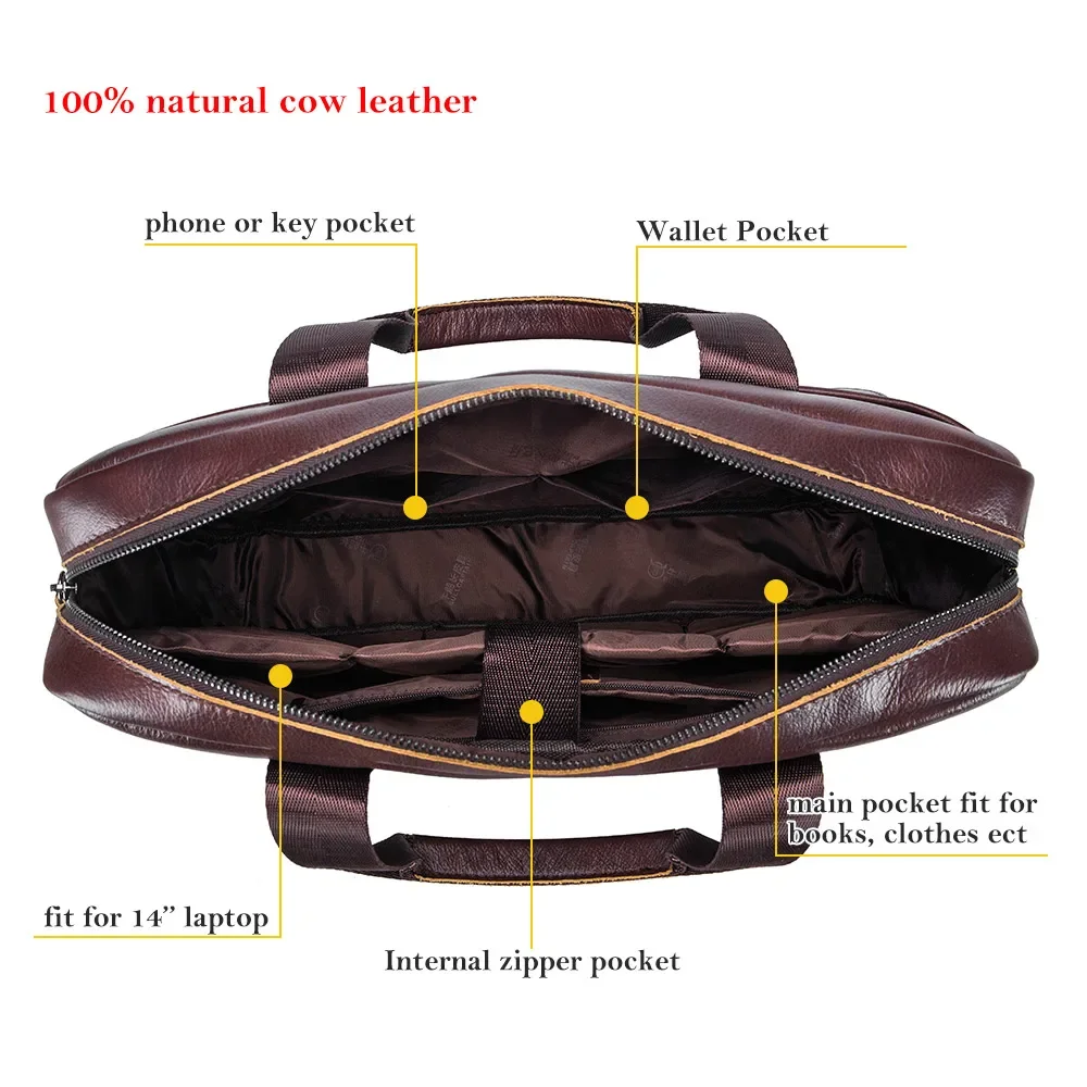 BULLCAPTAIN-Bolso de cuero genuino para hombre, maletín para portátil, 14 mensajero, portafolio de negocios para documentos, A4