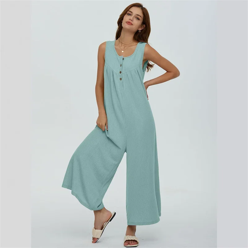 Women Single-breasted O Neck Splicing Jumpsuit Summer Solid Color Casual Sleeveless Rompers Double Pockets Female Wide Leg Pants