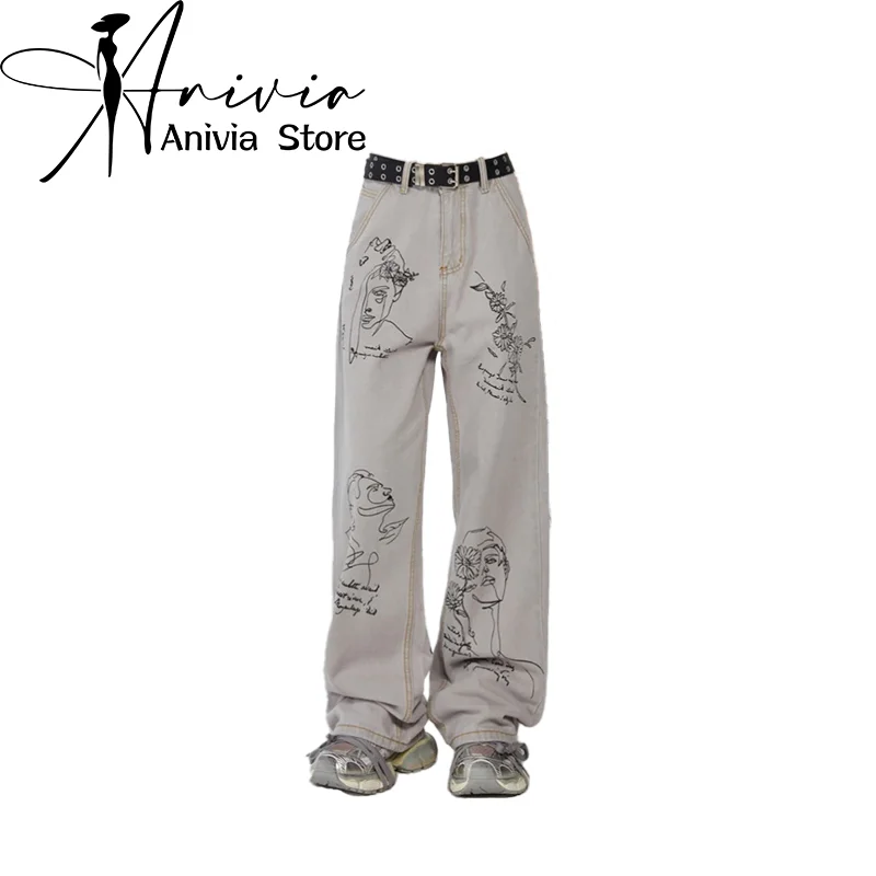 

Women's Grey Y2k Jeans Baggy Harajuku Aesthetic Graffiti Denim Trousers Vintage Jean Pants Japanese 2000s Style Trashy Clothes