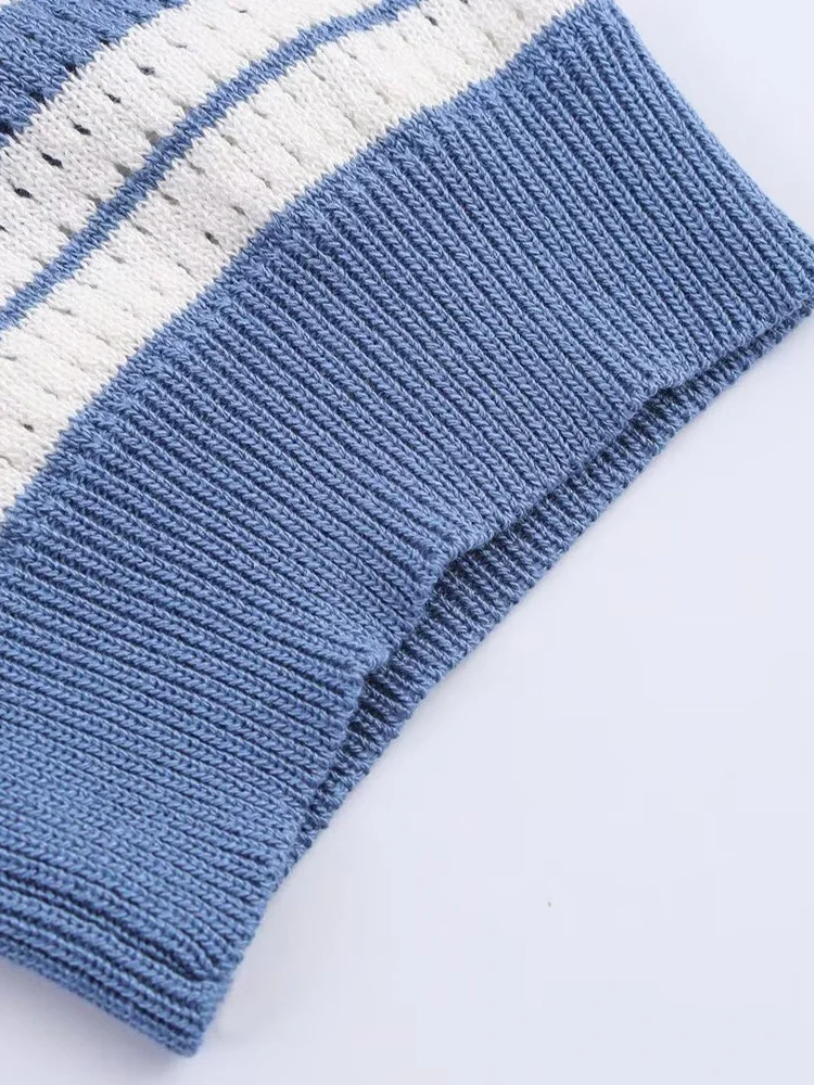 European and American style 2025 summer new products women's clothing versatile striped lapel short-sleeved sweater