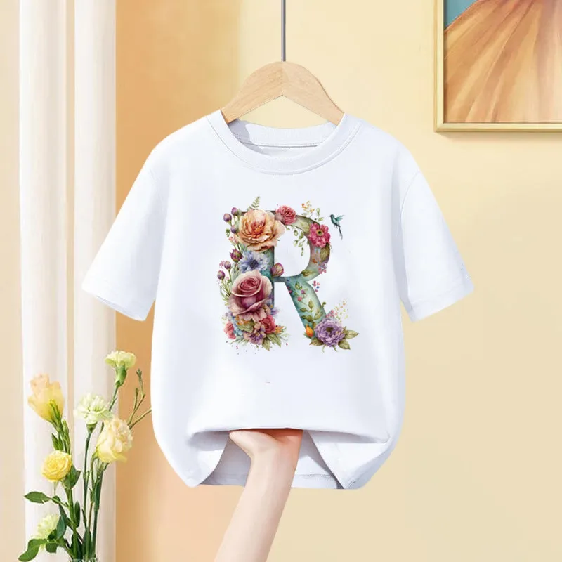 2024 New Flowers 26 Letter A-Z Children T-shirt Kawaii T Shirt ABCD Cartoons Casual Clothes Kid Girl Short Sleeve White Top Tee