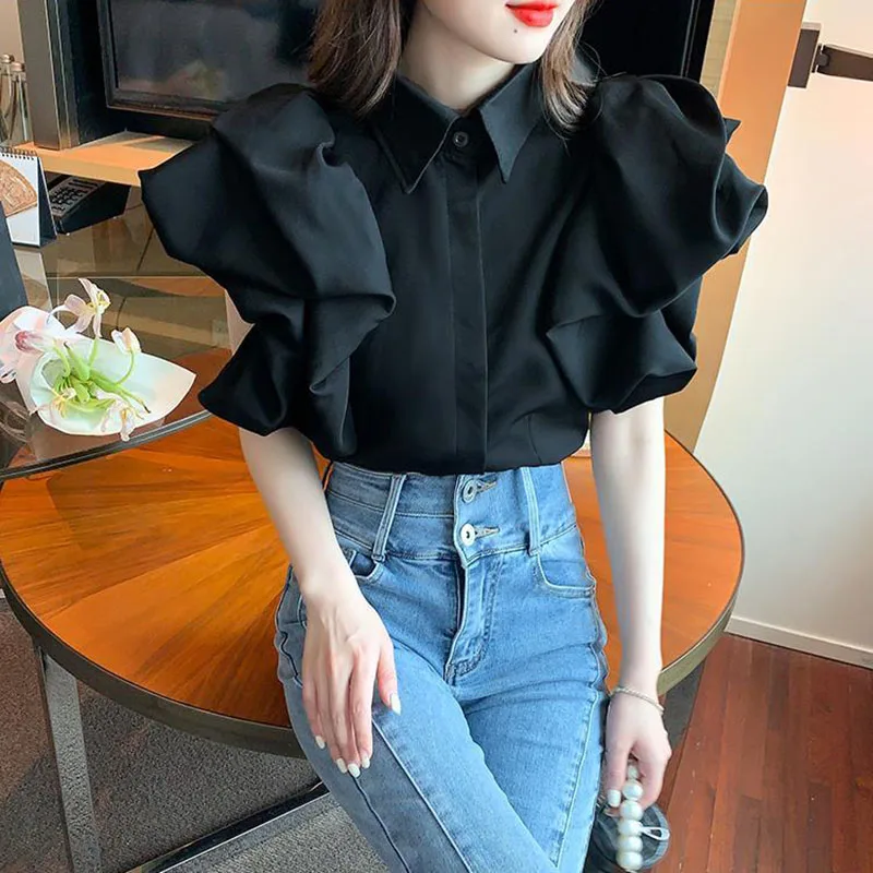 Ruffles Chiffon Shirts for Women Y2K Summer Fashion Elegant Puff Sleeve Buttons Tops Female Korean All Match Blouse New