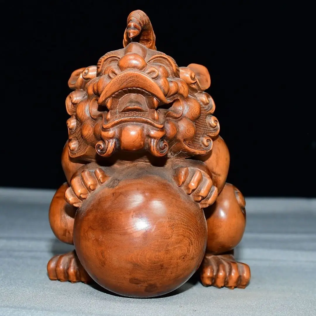 Hand Carved Wood A mythical creature playing with a ball Statue Figurine Desktop Ornaments Home Decoration Crafts Tea Pet Decor