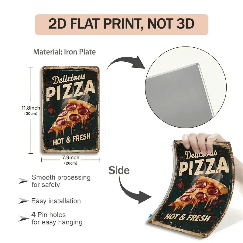 2D Flat Style, [Style] Style, [Style] 6pcs Set Delicious Pizza Metal Tin Signs, Vintage Iron Art Decor, Fast Food Theme Fun Pizz
