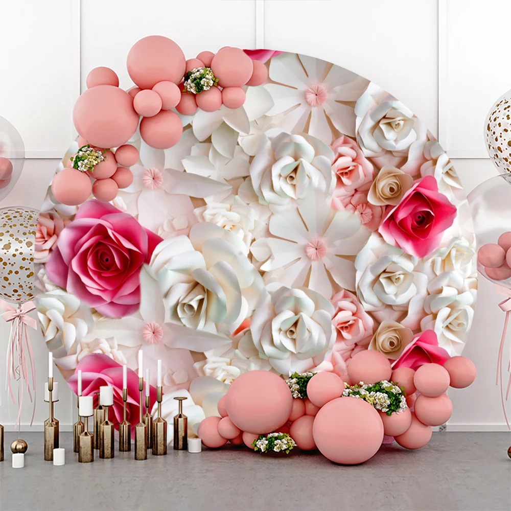 Valentine\'s Day Flowers Round Backdrop Cover Mother\'s Day Pink Rose Floral Wall Bridal Shower Wedding Birthday Party Background