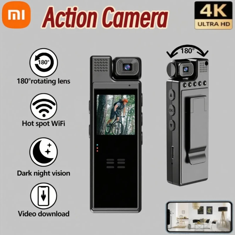 Портативная экшн-камера Xiaomi HD 4K с задним зажимом 180 °   Вращающаяся ИК-камера ночного видения, спортивная камера, видеорегистратор для водителя велосипеда