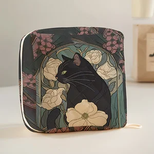 Vintage Art Nouveau Black Cat Floral Print Mini Zipper Storage Pouch Portable Cosmetic Bag Coin Purse For Daily Use