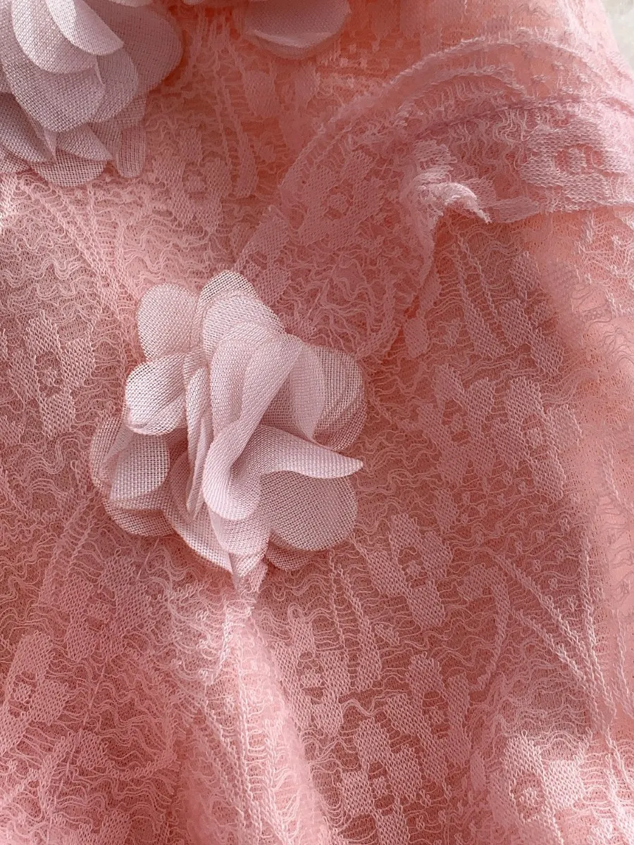 Foamlina นางฟ้าที่สวยงาม 3D ดอกไม้สีชมพูชุดยาวผู้หญิงฤดูร้อนใหม่ฝรั่งเศสที่ไม่ซ้ํากันสวยลูกไม้ Halter Maxi ชุดวันหยุด