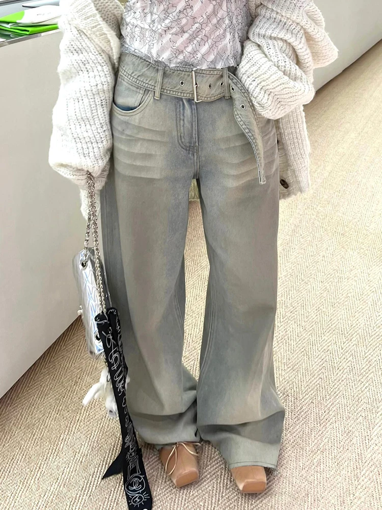 

Retro American Design Denim Jeans High Waist Women's Pants Distressed Washed out Color Long Floor-Length Casual Trousers