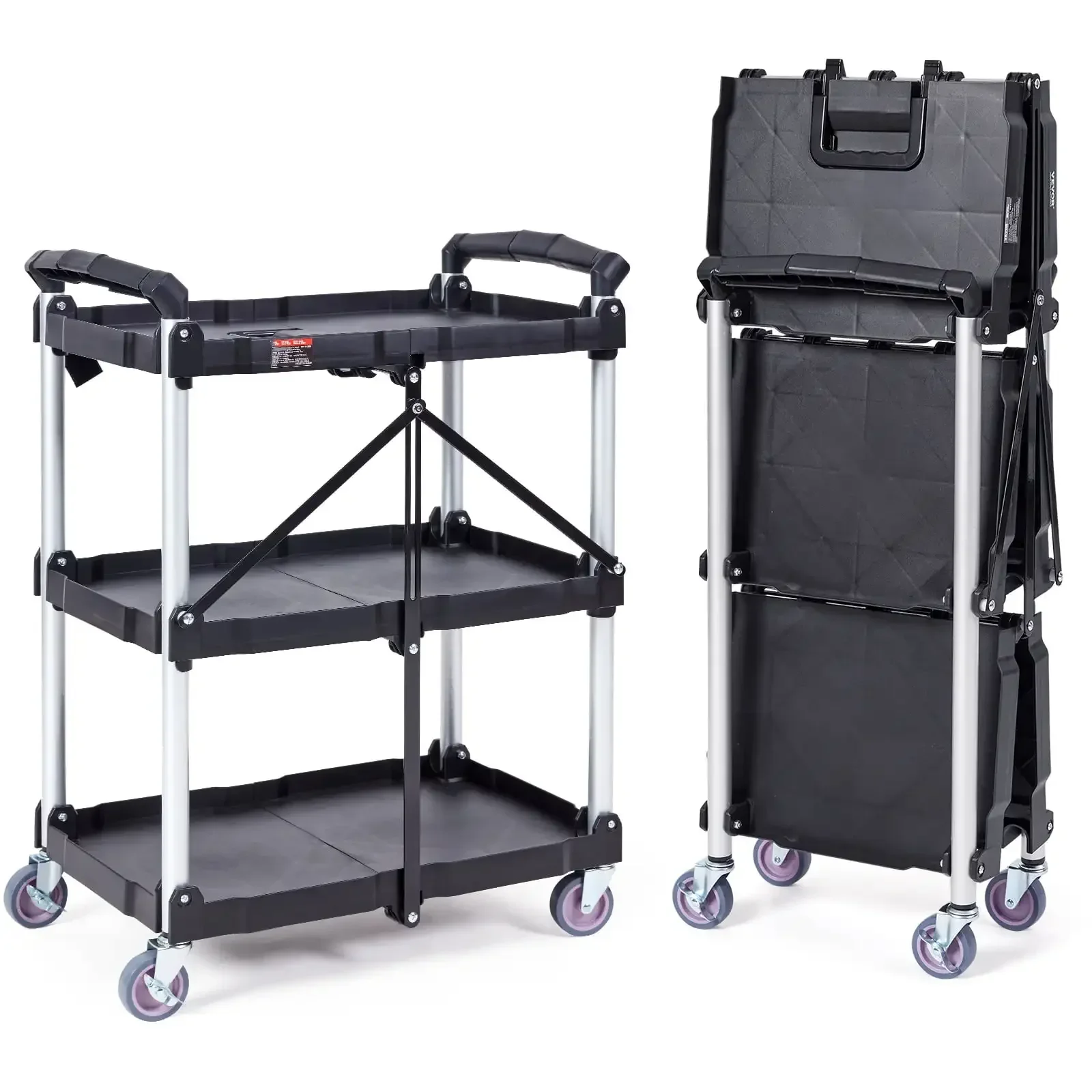 Foldable Utility Service Cart 3 Shelf 165lbs with Swivel Lockable Wheels