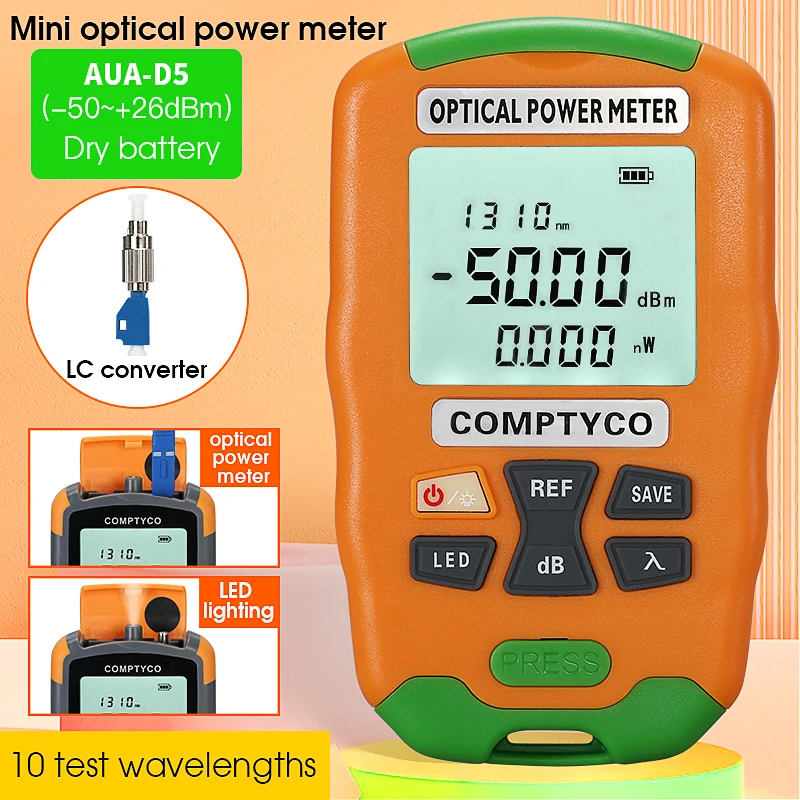 COMPTYCO AUA-D5 Handheld Mini Optical Power Meter -50 - +26dBm FTTH Fiber Optic Tester OPM With LED Lighting 10 Test Wavelengths