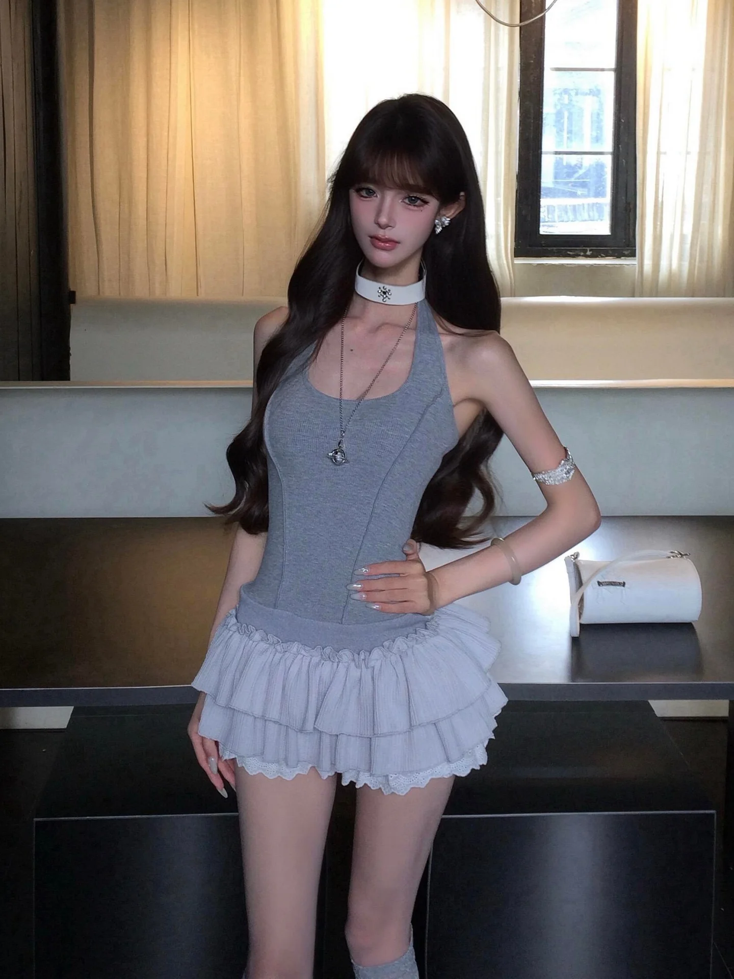 

Gray Sleeveless Neck Hanging Dress Women's Summer Korean Style Slimming Cake Skirt Hem Trim City Commute Date Daily Wear