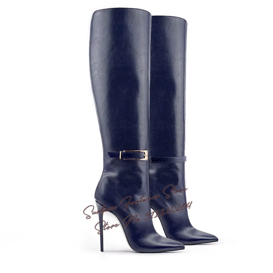 

Surkova Navy Blue Matte Leather Over The Knee Boots Ankle Golden Metal Buckle Strap Long Boots Zipped Stiletto Heel Dress Shoes
