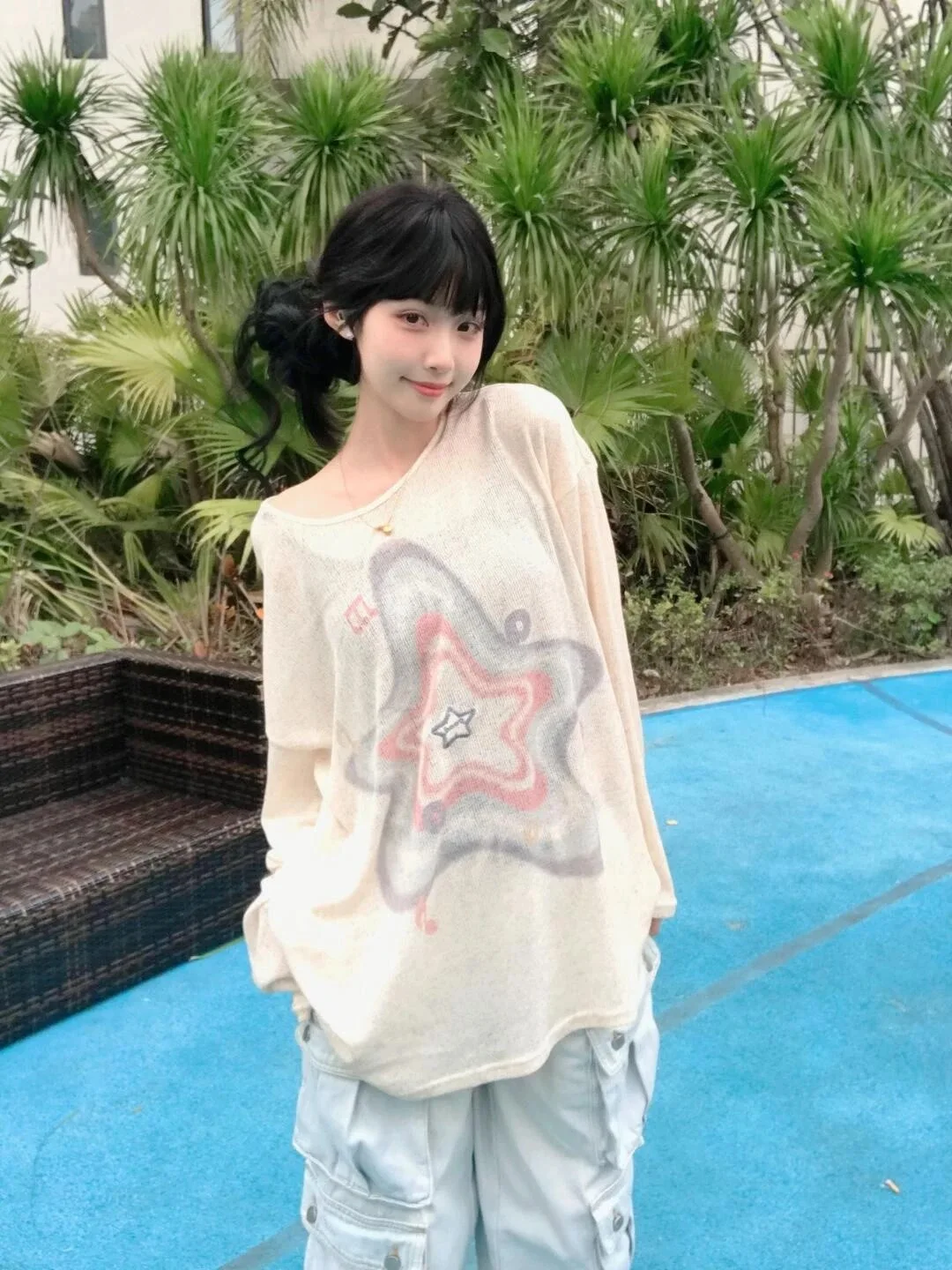 

Kimotimo Korean Style Printed Long Sleeve T-shirt Women 2025 Autumn Loose Micro Transparent Tops Sweet Chic Versatile Y2k Tees