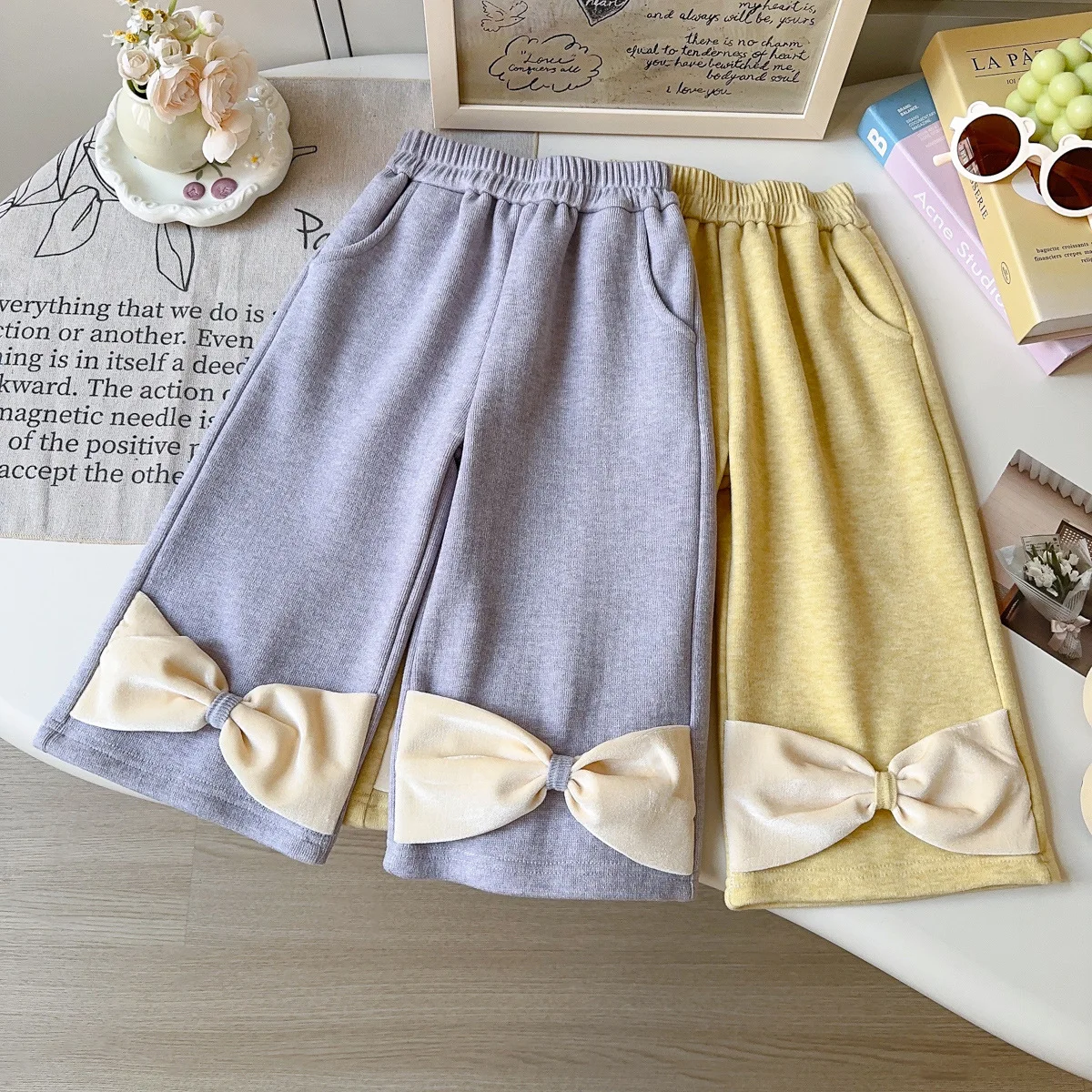 Korean Winter Kids Girls Straight Pants Knotbow Fleece Thick Infant Babys Girls Trousers Plush Children Girls Wide Leg Pants