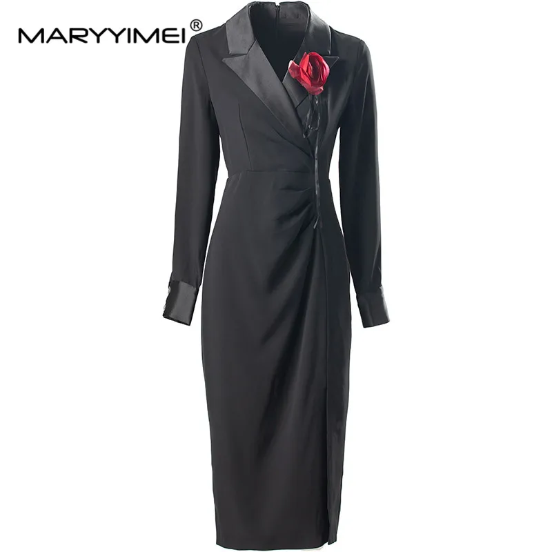 

MARYYIMEI Autumn and Winter Women's dress Notched Red Appliques Slim-Fit Hip Wrap Long-Sleeved Pencil Dresses