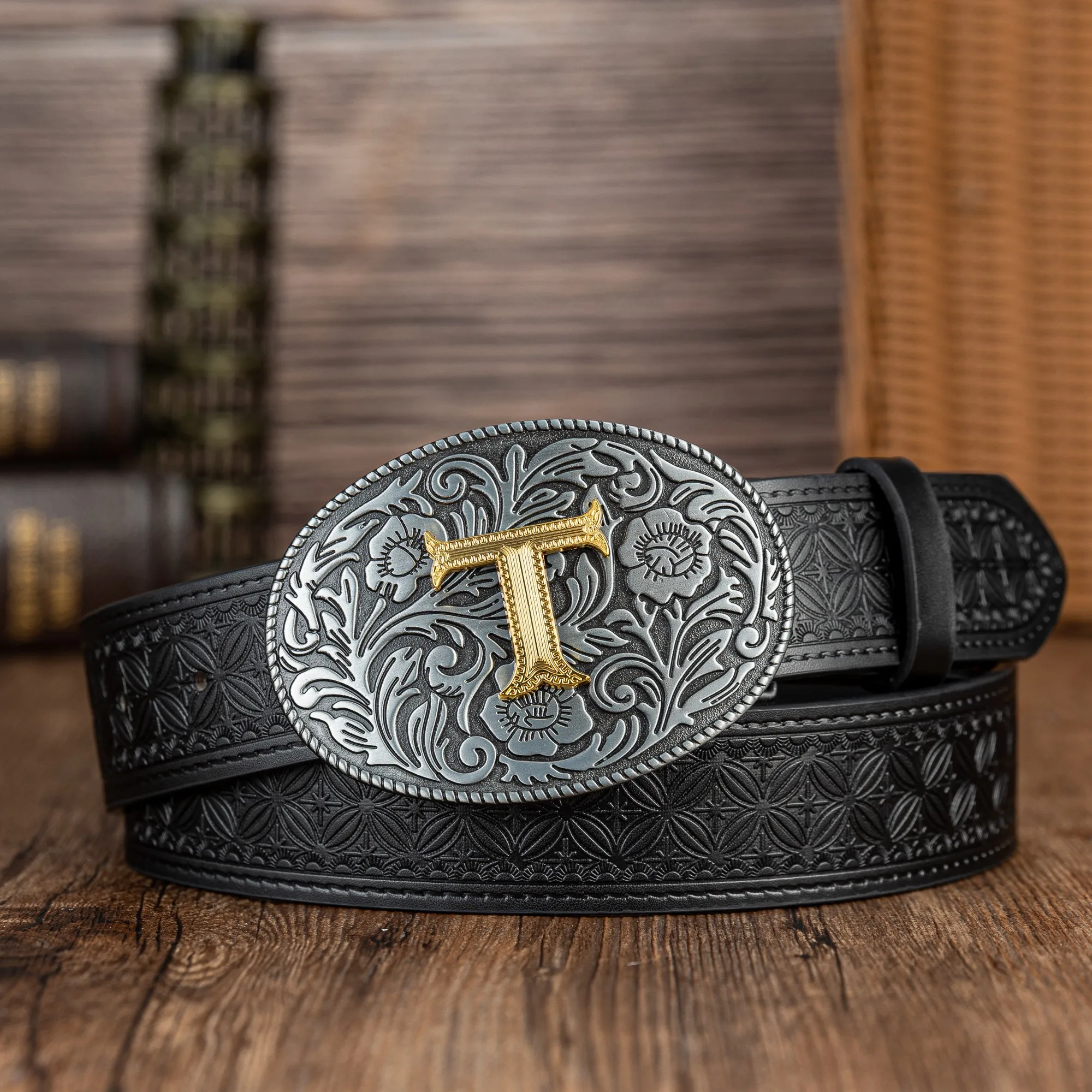 Oval flower letter big plate buckle trend simple paper-cut PU embossed button belt