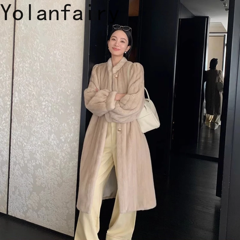 YOLANFAIRY autumn and winter Imported whole velvet mink coat Thickened long-sleeved stand-up collar Long fur jacket шуба 2025