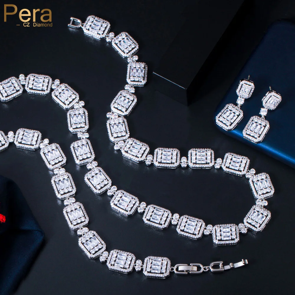 Pera Gorgeous Princess Cut Cubic Zirconia Women Chocker Necklace Earrings Bracelets for Bridal Wedding Party Jewelry Sets J404