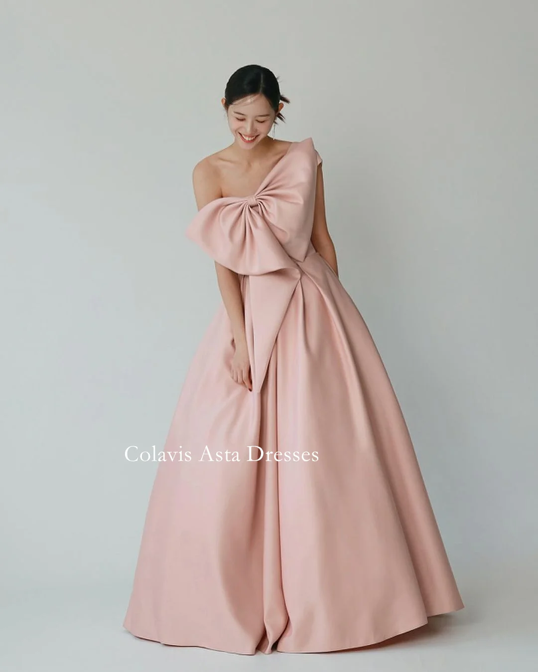 Colavis Asta Korea Strapless Elegant Simple Evening Dresses with Bow 웨딩드레스  Pink Satin Custom Made Mermaid Prom Gowns Plus Size