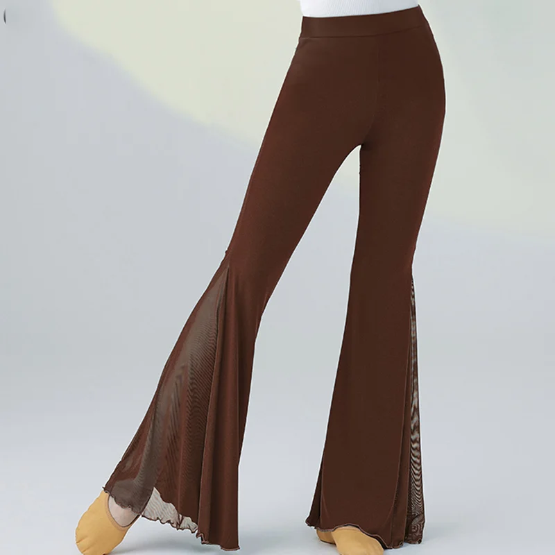 Celana Kaki Lebar Modis Cocok untuk Semua Musim Panas Celana Panjang Elastis Wanita Flare Pinggang Elastis Warna Polos Benang Jaring Modis Wanita