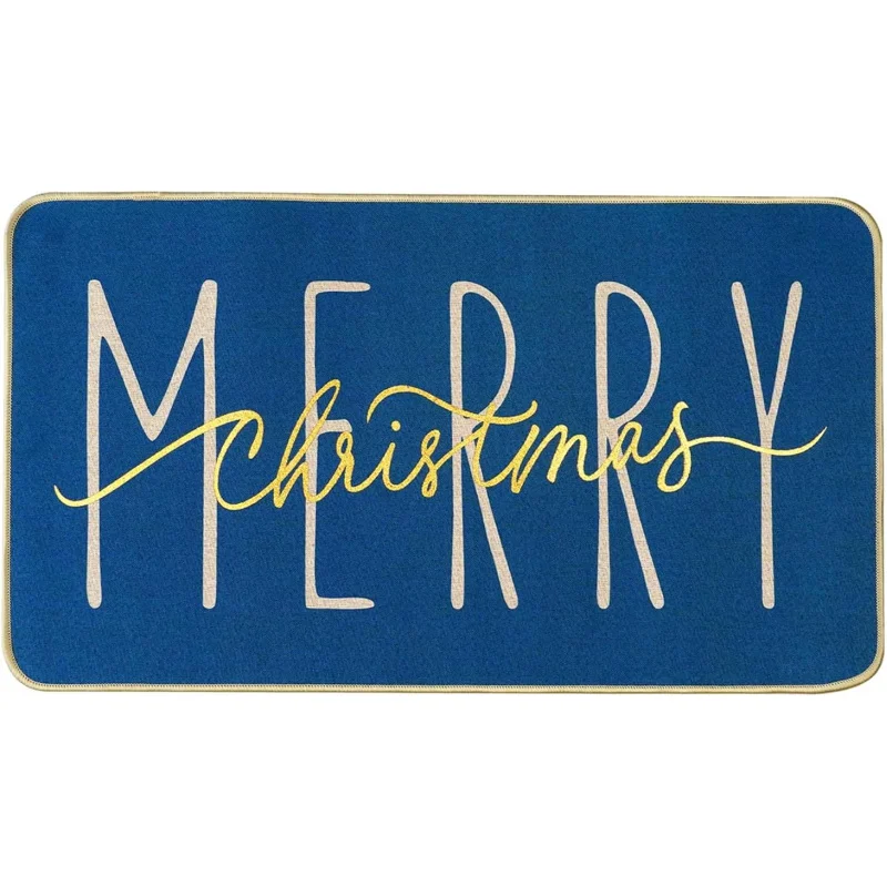 Merry Christmas Door Mat Casual Fashionable Anti slip Blue Gold Winter Seasonal Holiday Suitable for Indoor and Outdoor Use