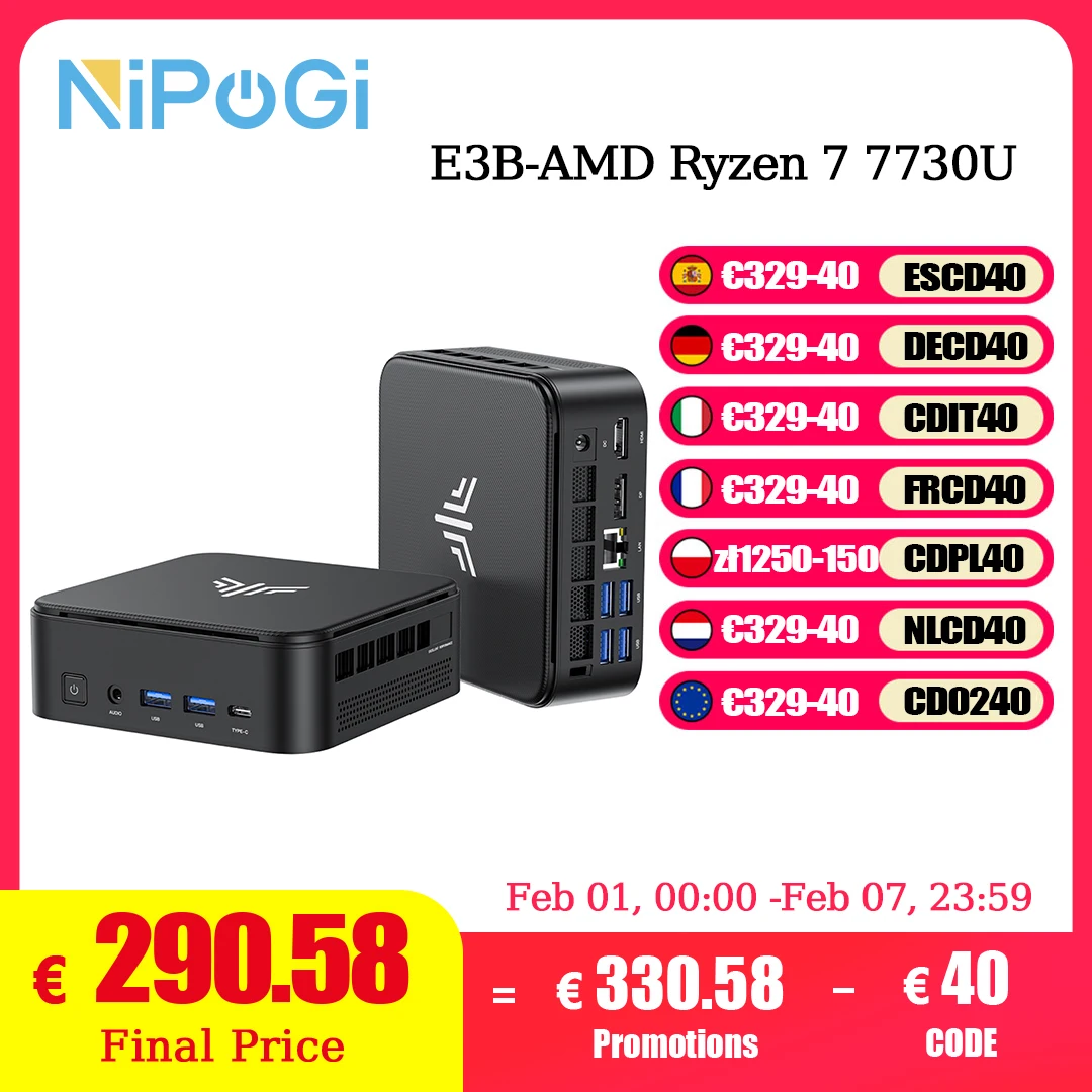NIPOGI Mini PC met AMD Ryzen 7 7730U, 16GB DDR4, 512GB M.2 SSD, Mini Gaming PC met USB Type-C, ondersteunt driedubbele 4K-schermen