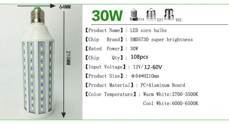 Imagem -05 - Lâmpada Conduzida do Milho 1260v 7w 10w 15w 18w 25w 30 w E27 B22 12v 24v 36v 48v 60v Smd 5730 Branco Morno Fresco 100 Pcs