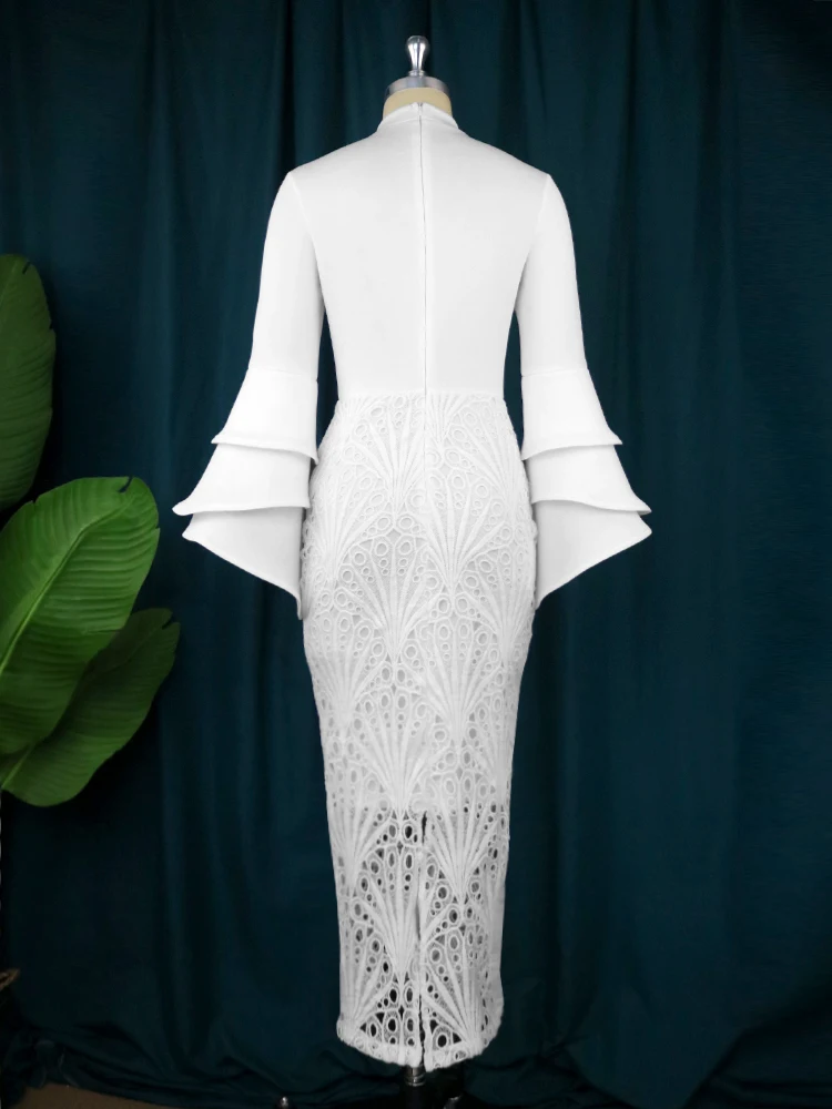 White Lace Dresses for Women High Neck Long Flare Sleeve Empire Evening Party Gowns Wedding Guest Cokctial Outfits Autumn 2023
