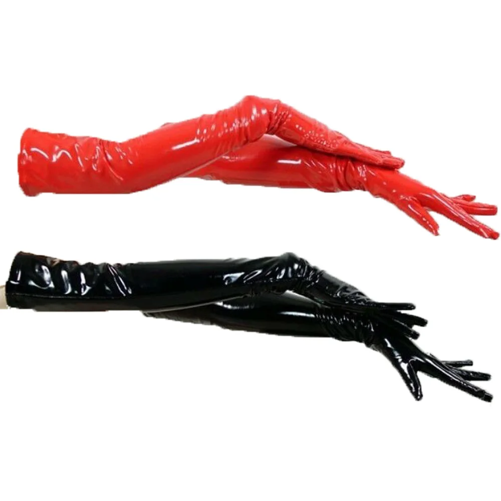 

Women Clubwear Cosplay Accessories Red Black Shiny Leather Long Gloves Wetlook Latex Dance Performance Gloves