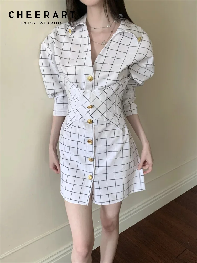 CHEERART 가을 2025 패션 여성 격자 무늬 셔츠 드레스 디자이너 흰색 단추 업 칼라 미니 짧은 드레스 패션 의류