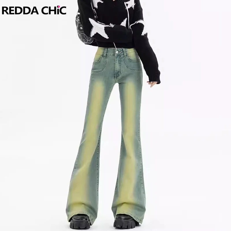 ReddaChic Ombre High Rise Stretchy Flare Jeans Women Green Wash Denim Slim Fit Bootcut Pants Bell Bottoms Vintage Y2k Streetwear