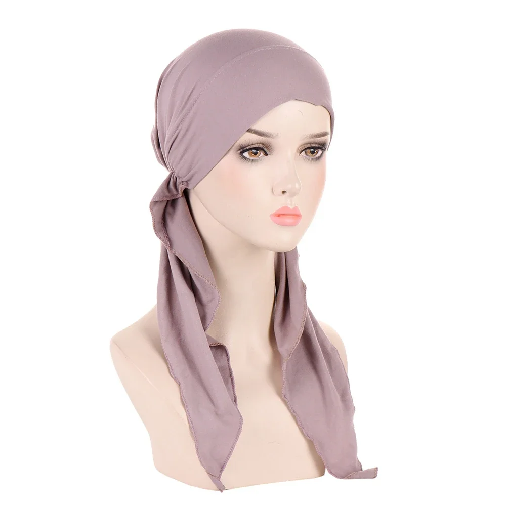 Muslim Women Stretch Hijab Turban Hat Cancer Chemo Beanies Cap Pre-Tied Scarf Headwear Headwrap Bonnet Bandanas Hair Accessories