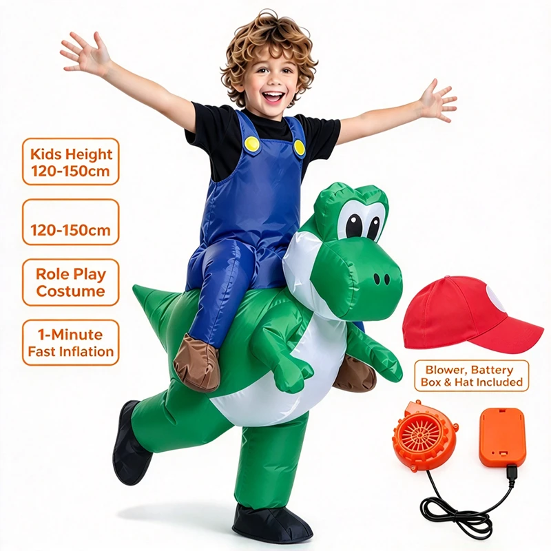 Inflatable Ride on Dinosaur Costume for Kids Funny Plumber Red Hat Green Dinosaur Suit with Blower Fan Battery Halloween