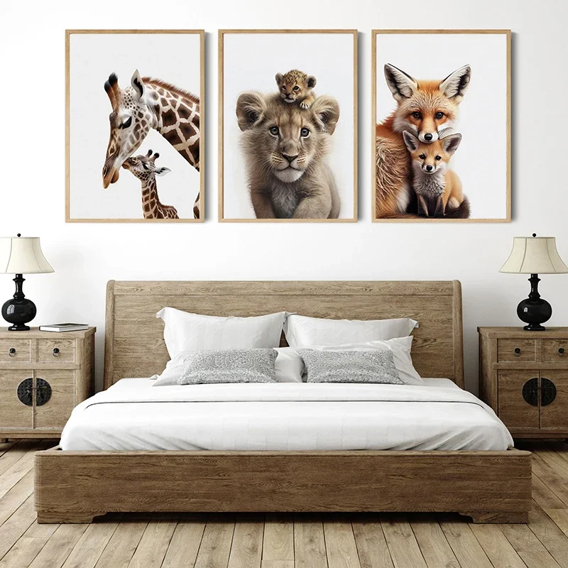Animal and Their Cute Baby Poster Lion Elephant Koala Bear Owl Fox Canvas Painting Wall Art Pictures for Nursery Baby Room Decor