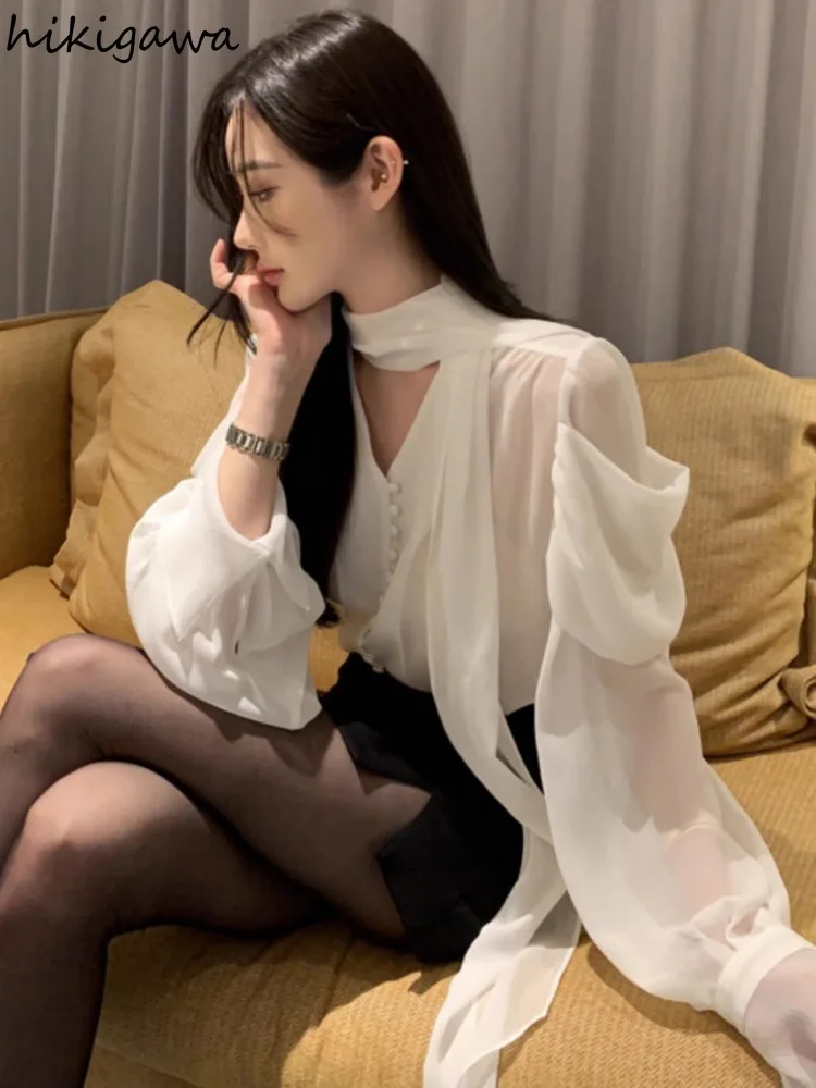 Korean Chic Women Shirt Temperament Ladies Tops V-neck Long Sleeve Chiffon See Through White Blouses 2024 Blusas Mujer De Moda